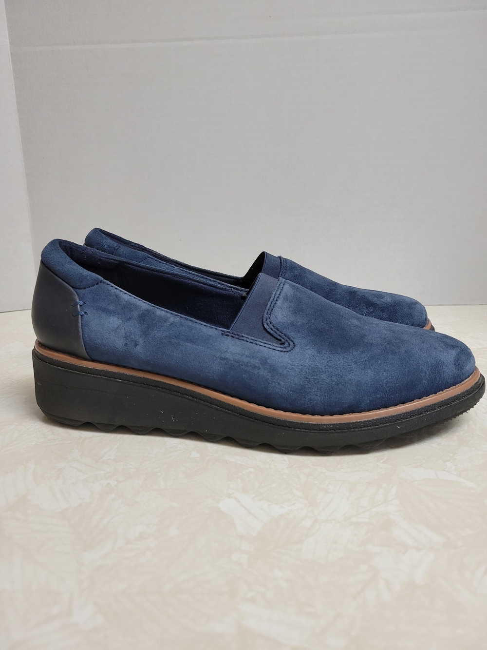 Clarks Navy Suede Slip-On Platform Loafers